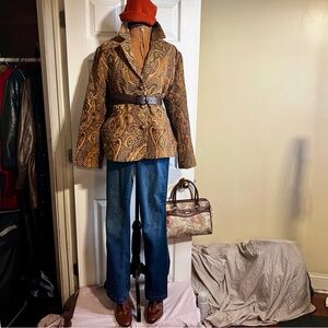 Erin London Wms Boho Paisley Artsy Tapestry Brown Knit Jacket L